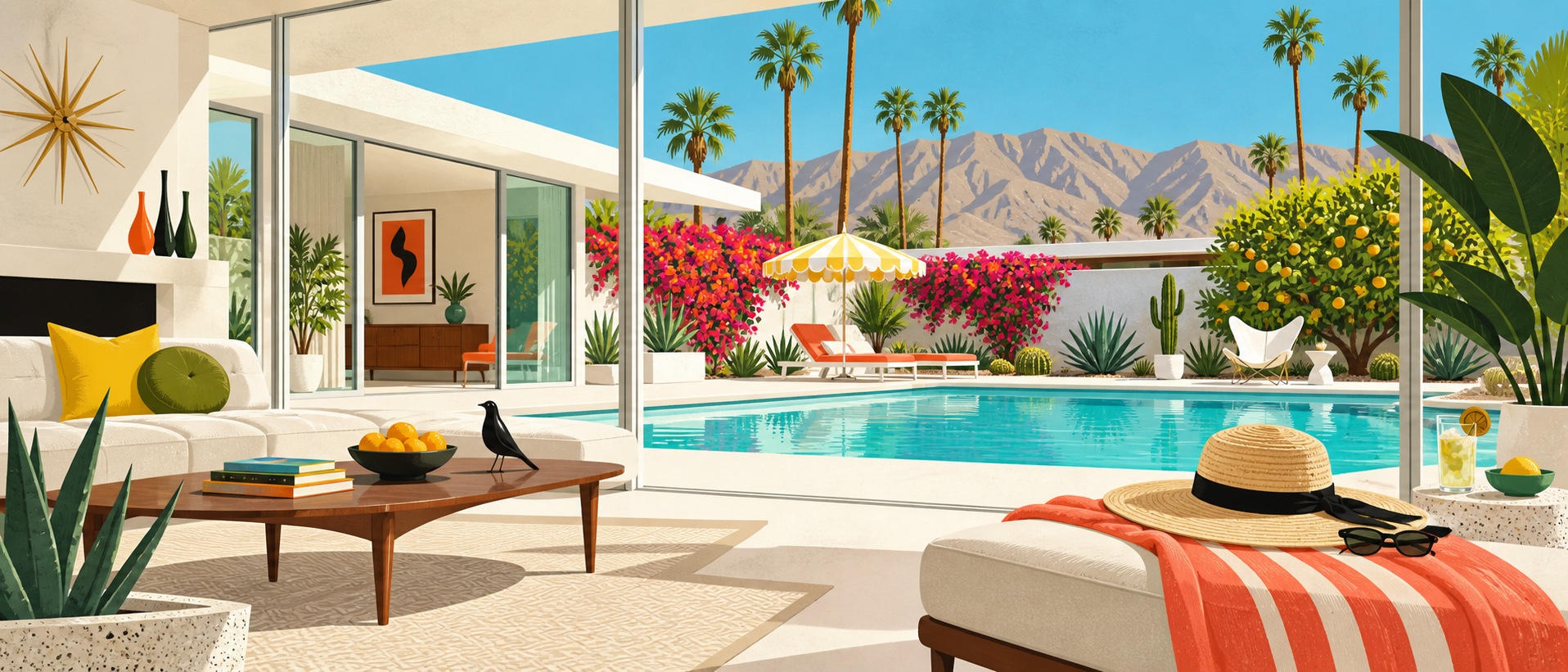 A colorful illustrated Palm Springs modernist home opening onto a turquoise pool, palms, and desert mountains